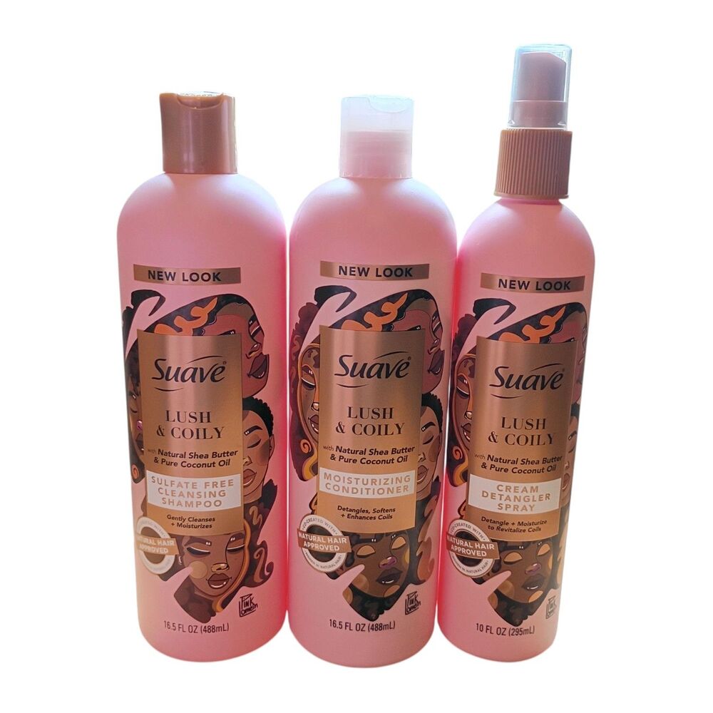 Suave‎ Lush & Coily 3 Pk Cream Detangler Spray, Shampoo, & Conditioner